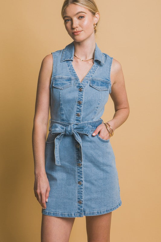 Sleeveless Belted Denim Dress Simply Chrisel Sleeveless Belted Denim Dress Simply Chrisel