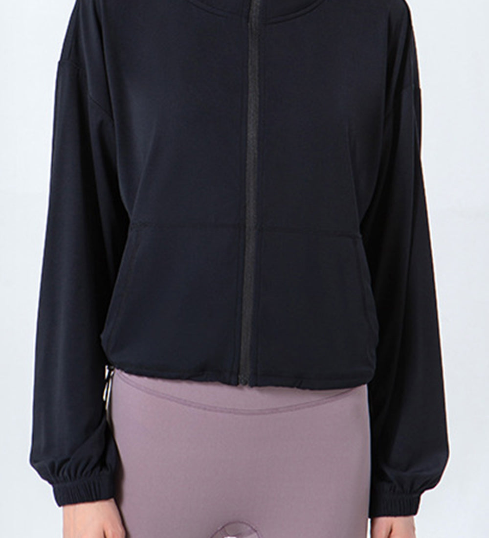 Drawstring Zip Up Dropped Shoulder Active Outerwear