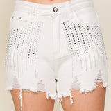 Distress Denim Shorts w/ Fringe Detail