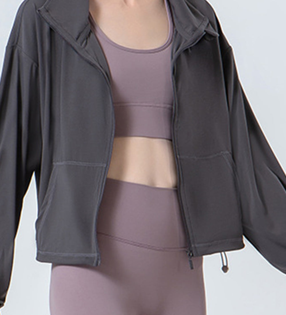 Drawstring Zip Up Dropped Shoulder Active Outerwear
