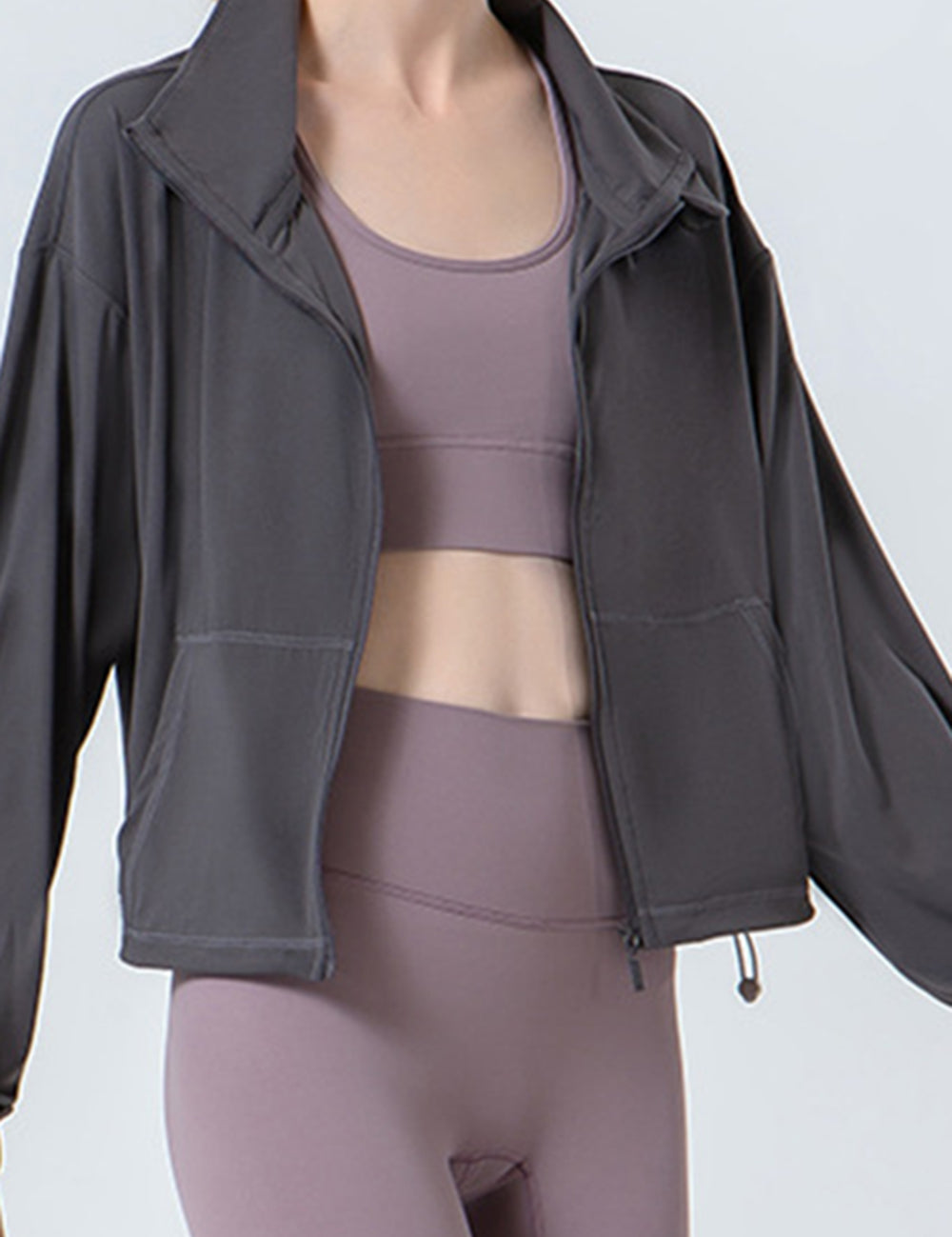 Drawstring Zip Up Dropped Shoulder Active Outerwear