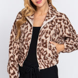 Long Sleeve Animal Print Faux Fur Jacket