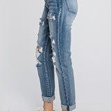 Distressed High Rise Stretch Mom Jeans