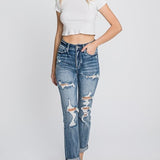 Distressed High Rise Stretch Mom Jeans