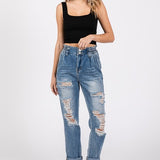 High Rise Paper Bag Mom Jeans with Elastic Band