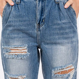 High Rise Paper Bag Mom Jeans with Elastic Band