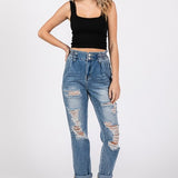 High Rise Paper Bag Mom Jeans with Elastic Band