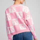 Bow Checker Printed Sweater Cardigan