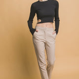 Side Cut Long Sleeve Cropped Top-Black