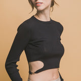 Side Cut Long Sleeve Cropped Top-Black