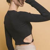 Side Cut Long Sleeve Cropped Top-Black