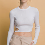 Side Cut Long Sleeve Cropped Top-White