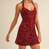 Velvet Sequin Halter Mini Dress