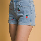 Cherry Embroidered Denim Shorts