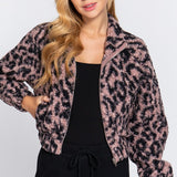 Long Sleeve Animal Print Faux Fur Jacket