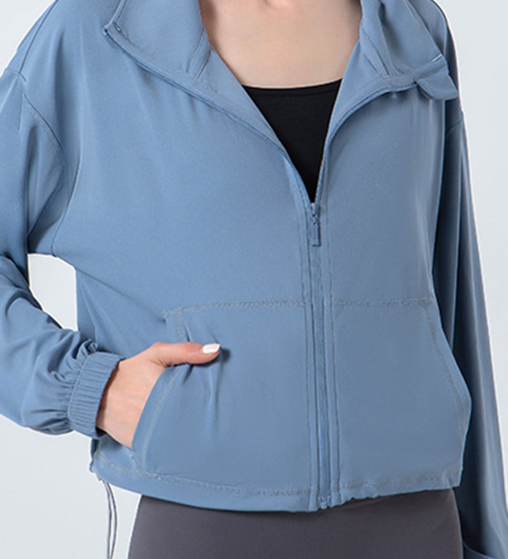 Drawstring Zip Up Dropped Shoulder Active Outerwear