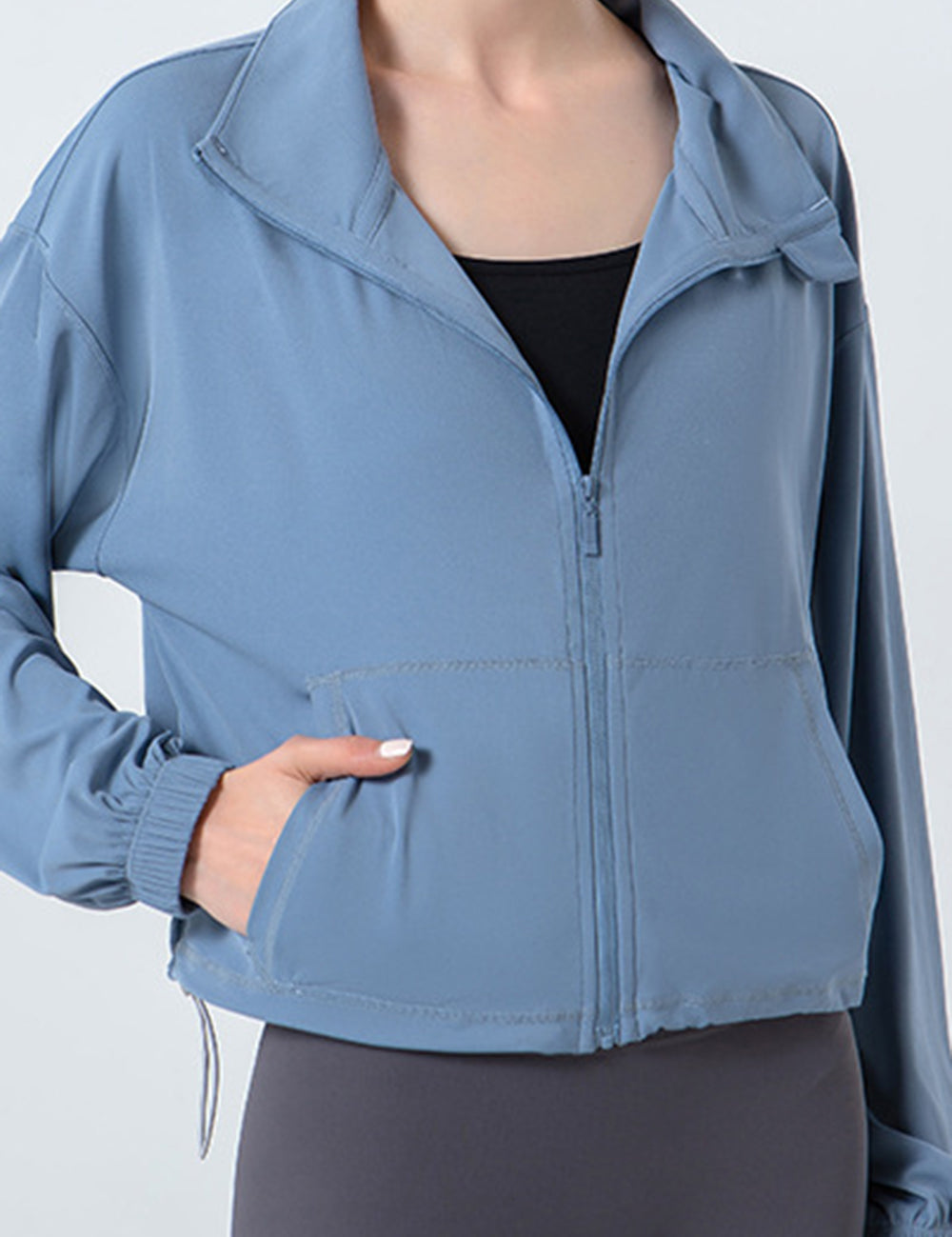 Drawstring Zip Up Dropped Shoulder Active Outerwear