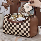 Black Checkered PU Leather Zipper Makeup Bag