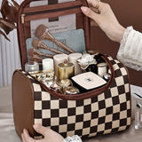 Black Checkered PU Leather Zipper Makeup Bag