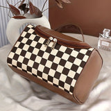 Black Checkered PU Leather Zipper Makeup Bag