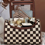 Black Checkered PU Leather Zipper Makeup Bag