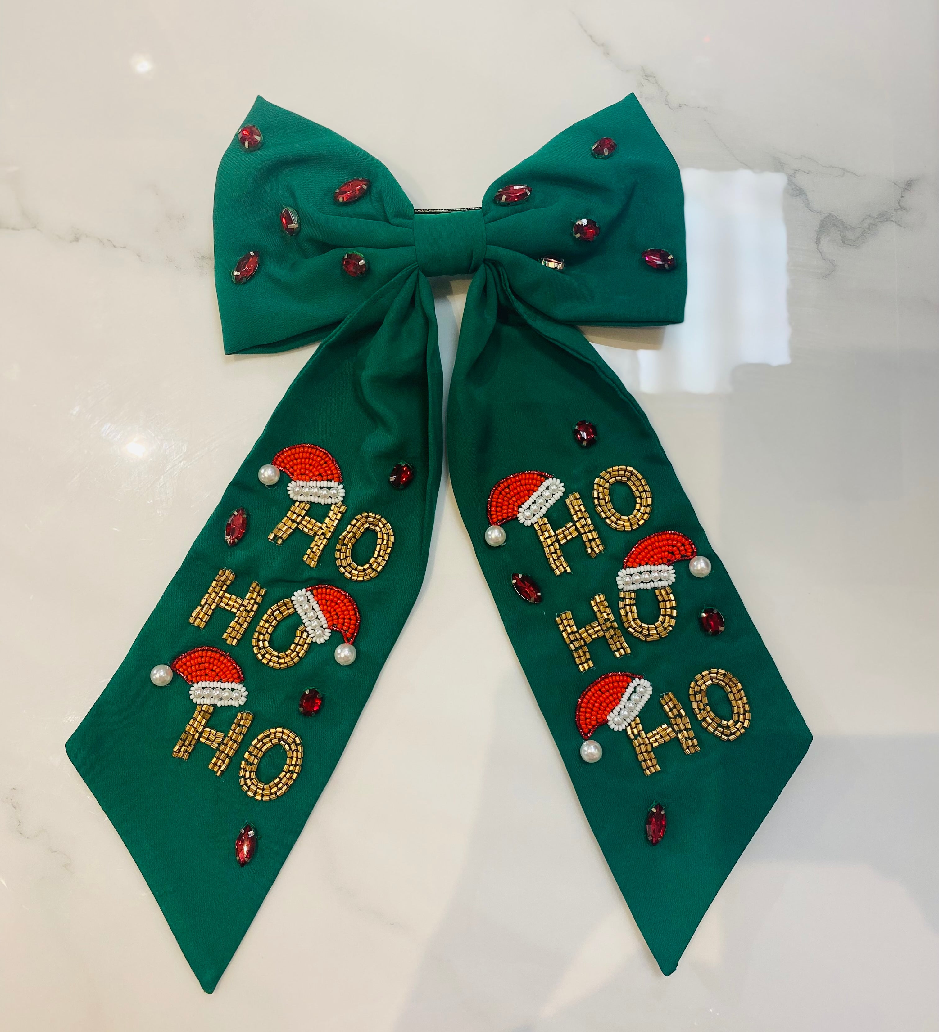 Christmas Ho Ho Jeweled Bow  Barrette Hair Clip