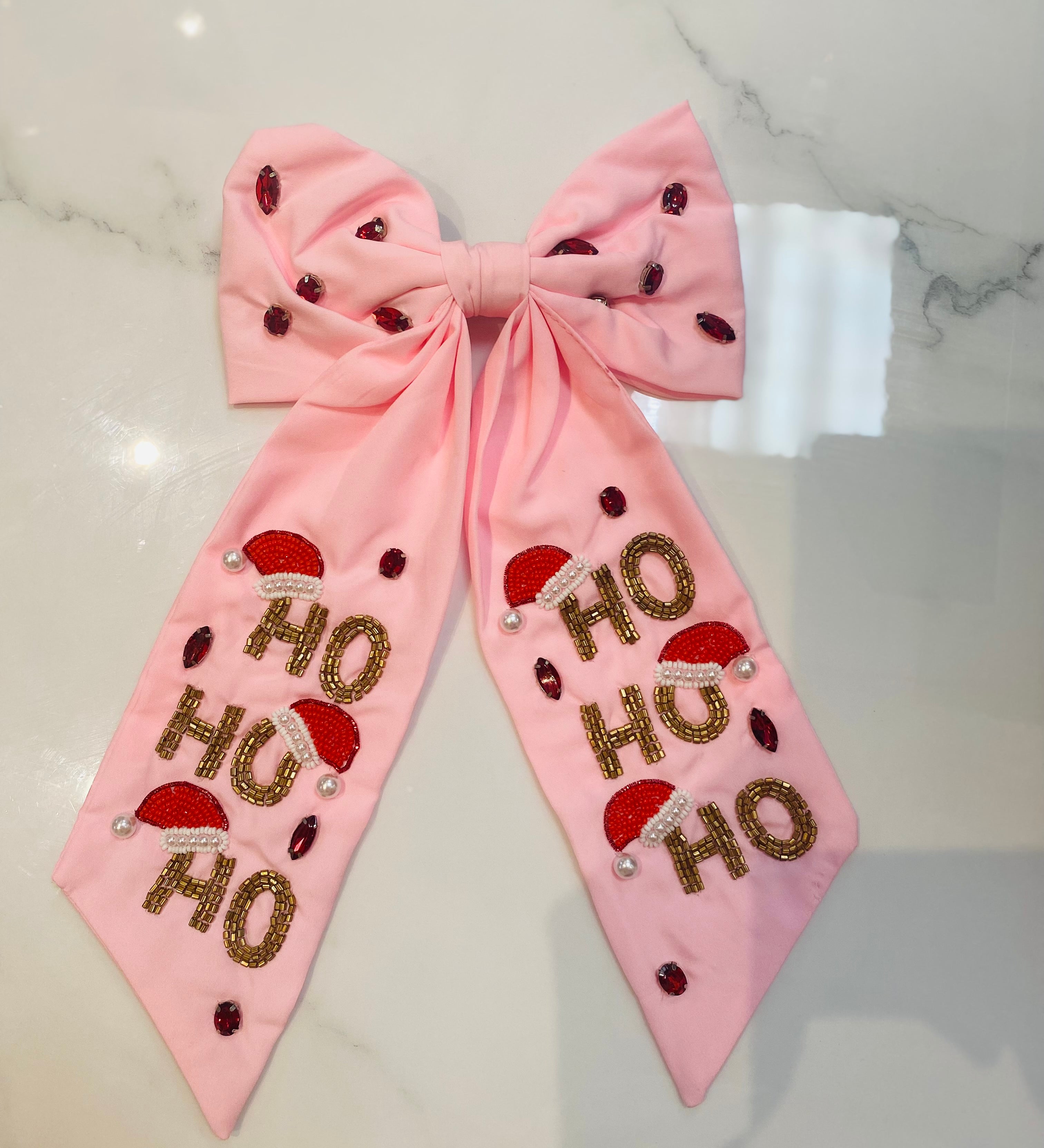 Christmas Ho Ho Jeweled Bow  Barrette Hair Clip