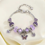 Purple Rhinestone Square & Heart Charm Bracelet