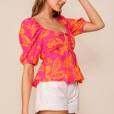 Mandi Short Puffy Sleeve Top - Hot Pink