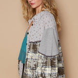 POL Balloon Sleeve Floral Color Block Plaid Shirt